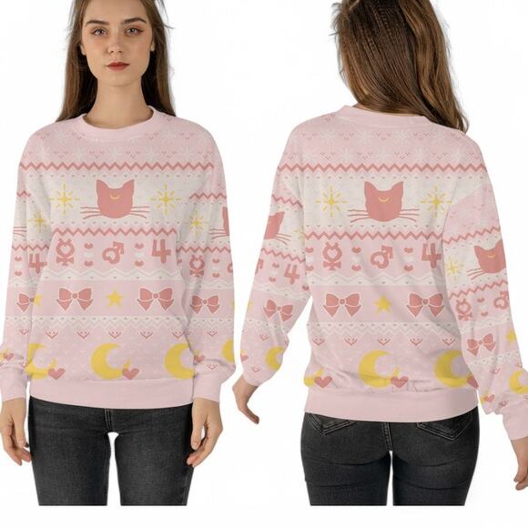 Sailor Moon Luna & Sailor Guardian Symbols Sweater Pink Cream Yellow - M - Picture 1 of 7